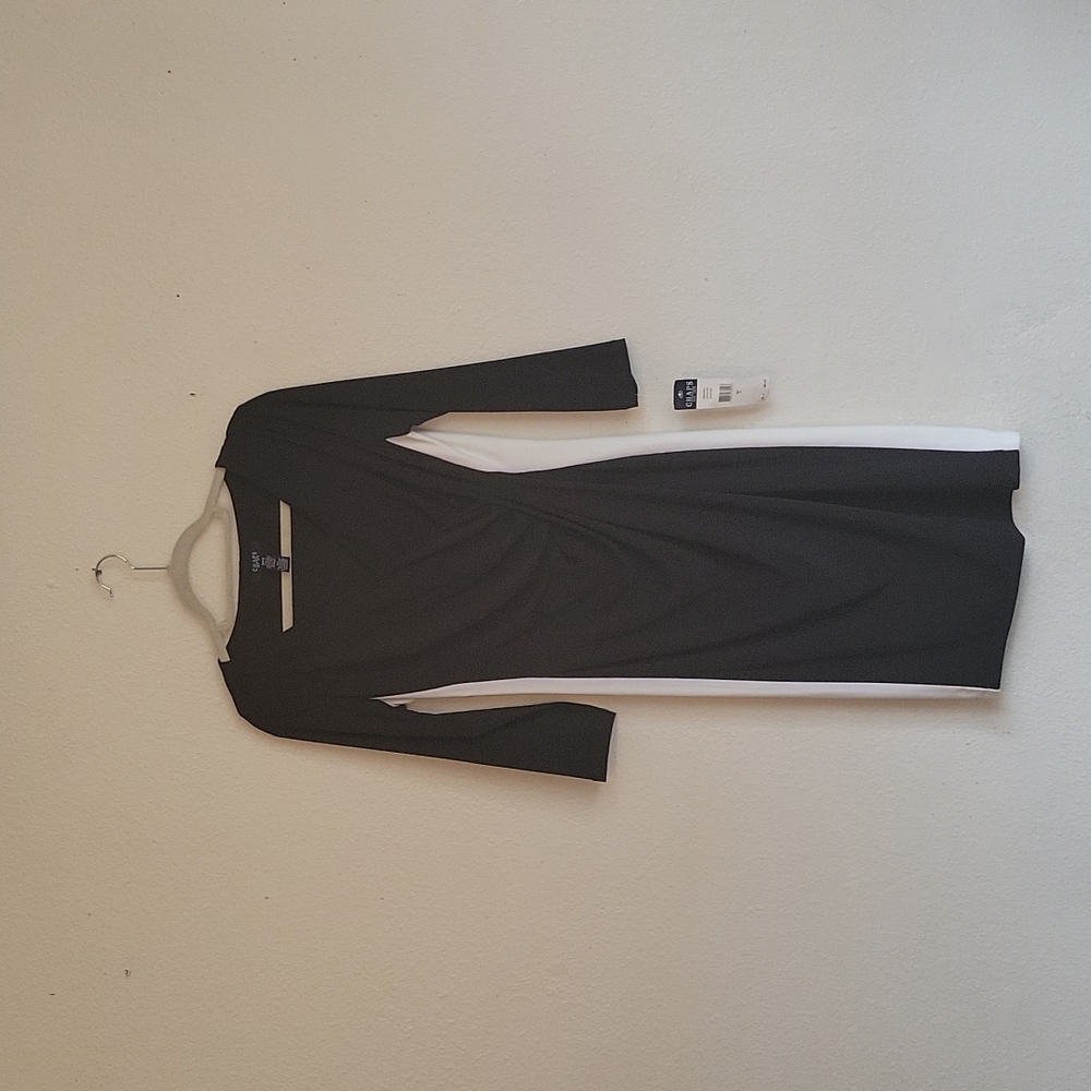 NWT CHAPS  rap midi dress size S/P/CH 3/4 sleeves colors black off white